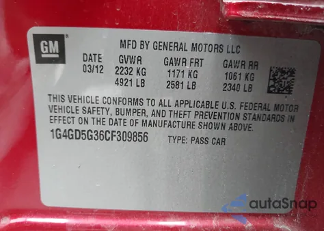 2012 Buick Lacrosse Premium 1 Group z USA, uszkodzony, nr VIN 1G4GD5G36CF309856